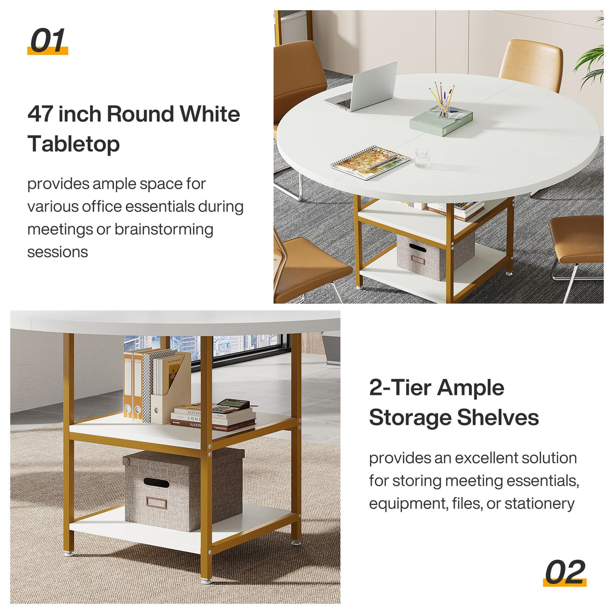 Tribesigns 47-Inch Round Conference Table for 4-6 People, Wood Meeting Room Table with Storage Shelf and Metal Legs, Modern Office Training Desk for Conference Room Seminar Room (White Gold) Tribesigns