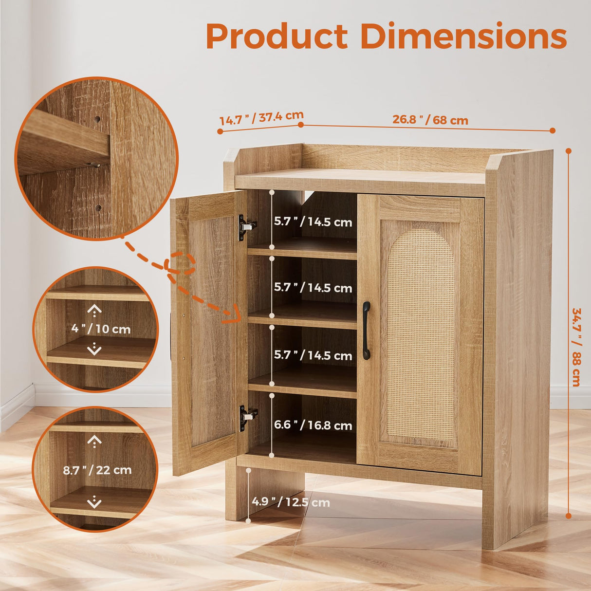 Mericonia Shoe Cabinet Storage for Entryway, Natural Rattan Shoe Storage Cabinet, Wooden Shoe Rack Cabinet, Farmhouse Boho Wood Shoe Organizer Cabinet for Hallway Mericonia