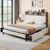 DWVO Queen Size Storage Bed Frame with 4-Drawer, Upholstered Platform Bed Frame with USB Charging Ports & Bookcase Headboard, Simple Setup, No Requirement for Box Spring (Beige) DWVO