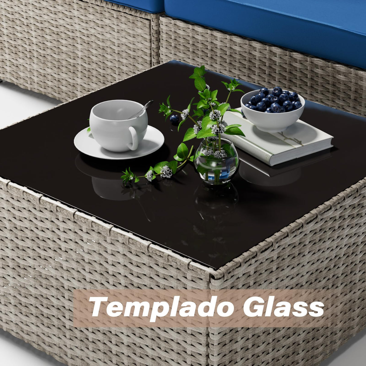 RESOM 7-Piece Gray Rattan Patio Furniture Sets, Outdoor Conversation Sofa Sets with Water Resistant Blue Cushions & Tempered Glass Coffee Table, Modular Outdoor Sectional Sofa Sets with 2 Pillows RESOM