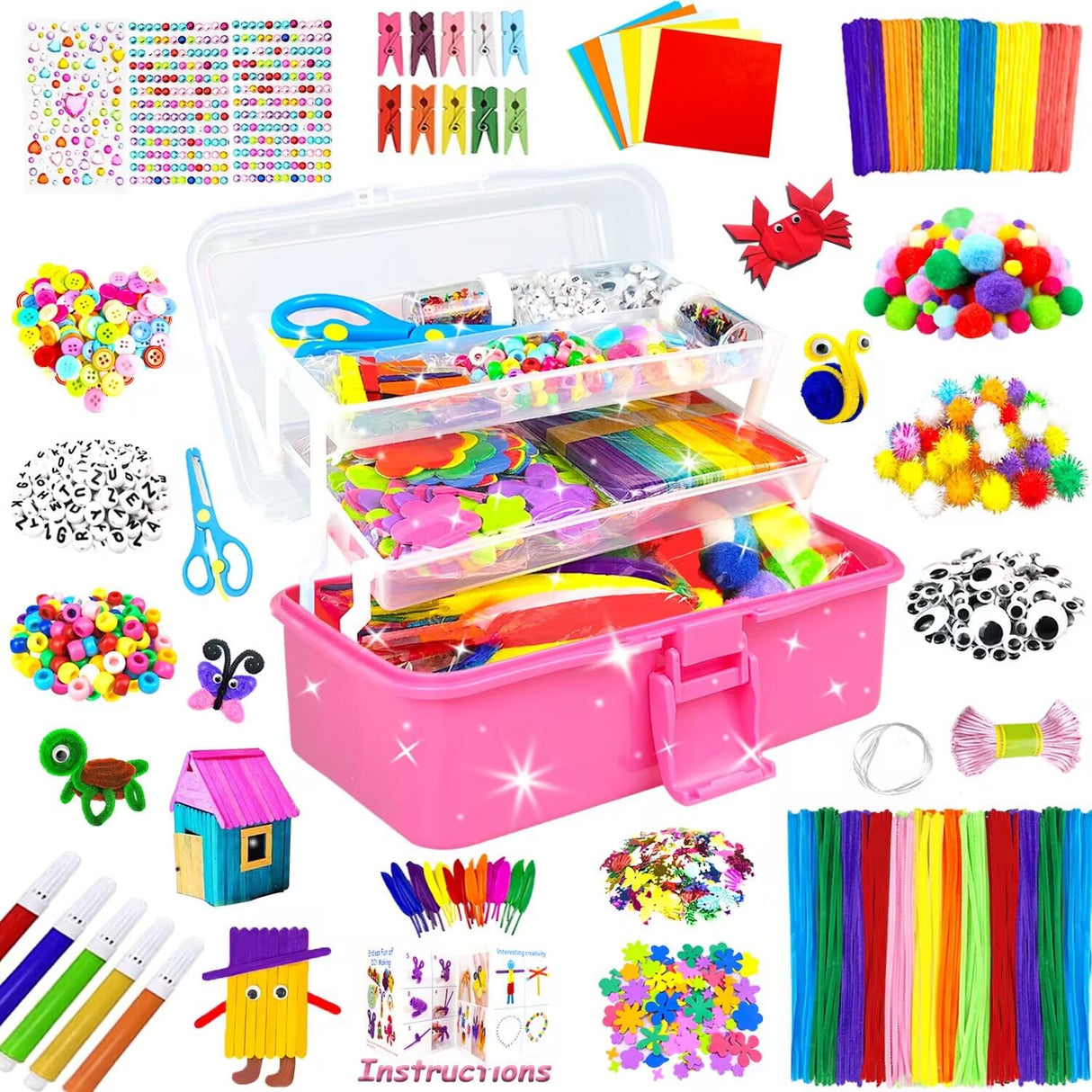 3000 Arts and Crafts Supplies for Kids Craft Kit All in 3 Layered Craft Box with Pipe Cleaners Crafts for Kids Age 4-6, 6-8, 8-12 DIY School Supplies Materials Set Toys Gifts for Girls Boys, Red BNUZEIYI