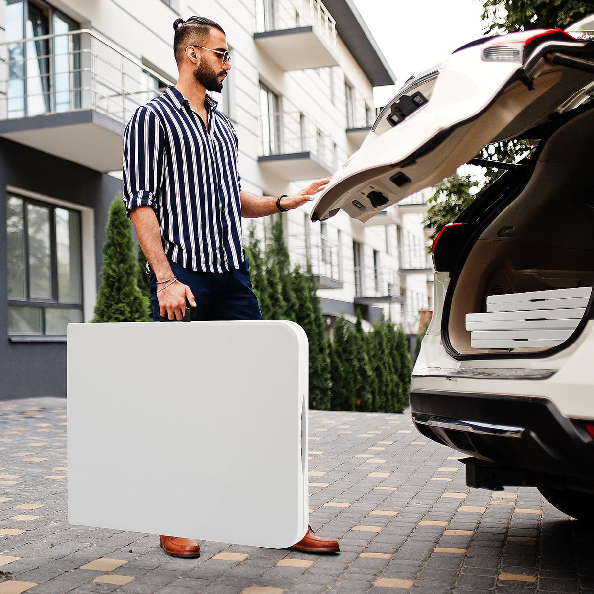 SKOK 330lbs Folding Picnic Table 4/6/8 Foot Adjustable Height, 4/6/8FT Plastic Table Portable w/Handle, Utility Commercial Craft Sewing Card Table w/Heavy Duty Frame for Party Events SKOK