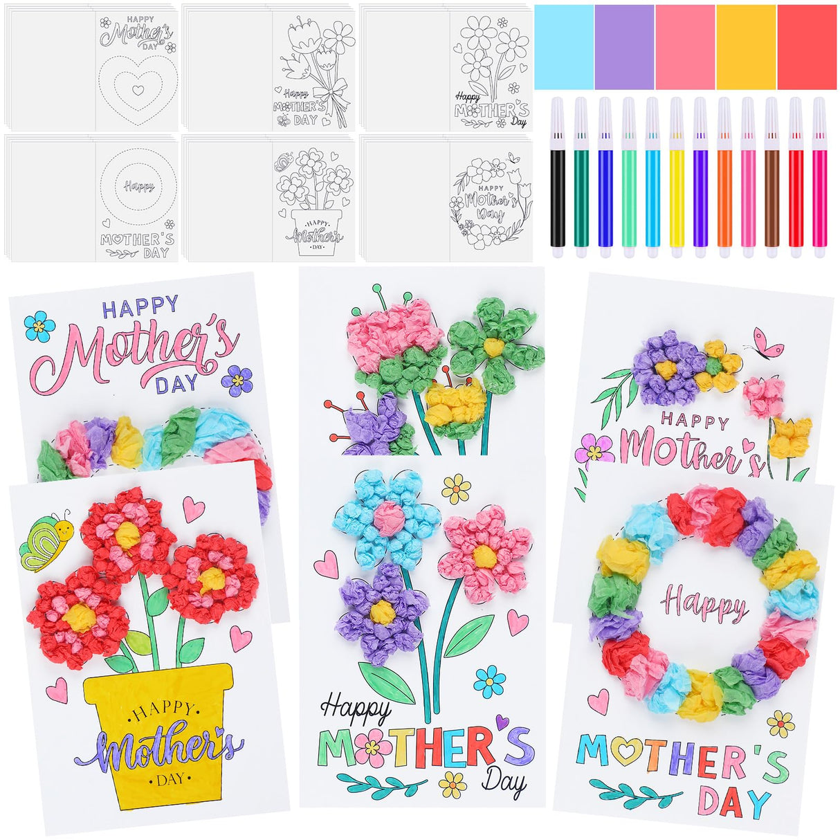 Motipuns 24 Sets Mother's Day Card Making Kits DIY Mothers Tissue Flower Paper Craft Make Your Own Mom Greeting Card Making Kit for Mother's Day Gift Party Decor Fun Home Activities Motipuns