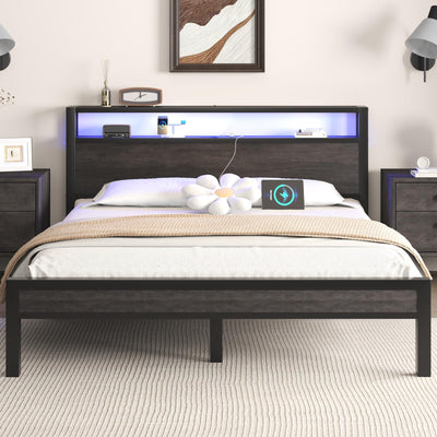Full Size Bed Frame with Storage Headboard, Industrial Platform Bed with Charging Station and LED Lights, Heavy Duty Metal Slats, No Box Spring Need, Noise Free, Grey
