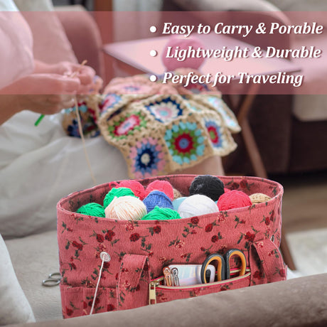 2 Pcs Crochet Bag and Tote Set Corduroy Yarn Holder Crochet Tote Bag for Hooks Vintage Flowers Organizer Yarn Holder for Ideal Mother's Day Gift Knitting Lovers Accessories Bulyoou