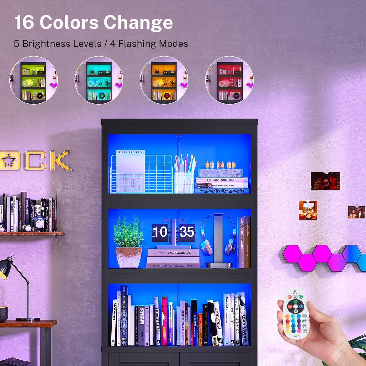 Book Shelf and Bookcase with Doors, 5-Tier Display Storage Cabinet with Adjustable Shelves, Open Compartments, Remote Control LED Lights, Tall cabinet for Bathroom Kitchen Living Room, Home Office TEENFON