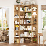 FOTOSOK 74” Tall Corner Bookshelf, 6-Tier Bookshelf and Bookcase with Open Storage, Tall Bookcases Wooden Storage Shelves for Home Office, Thickened Boards for Better Load Bearing, Natural FOTOSOK