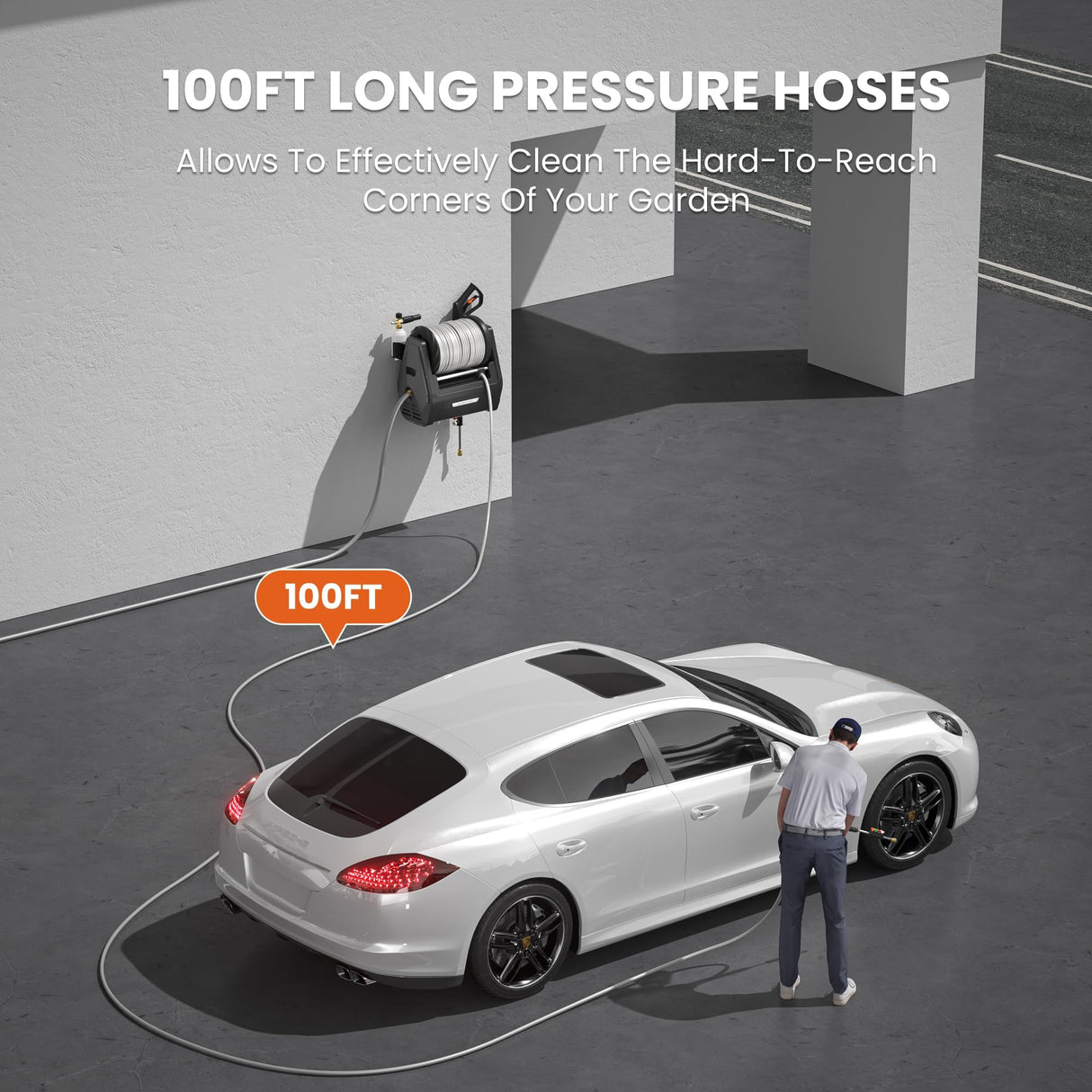 Giraffe Tools Grandfalls Pressure Washer Plus+, Electric Wall Mount Power Washer with 100FT Ultra-Soft Pressure Hoses, 2400PSI, 2.0GPM, 4 Nozzles, Foam Cannon for Cars/Patios, Dark Silver Giraffe Tools