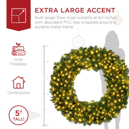 Best Choice Products 60in Large Artificial Pre-Lit Fir Christmas Wreath Holiday Accent Decoration w/ 300 LED Lights, 930 PVC Tips