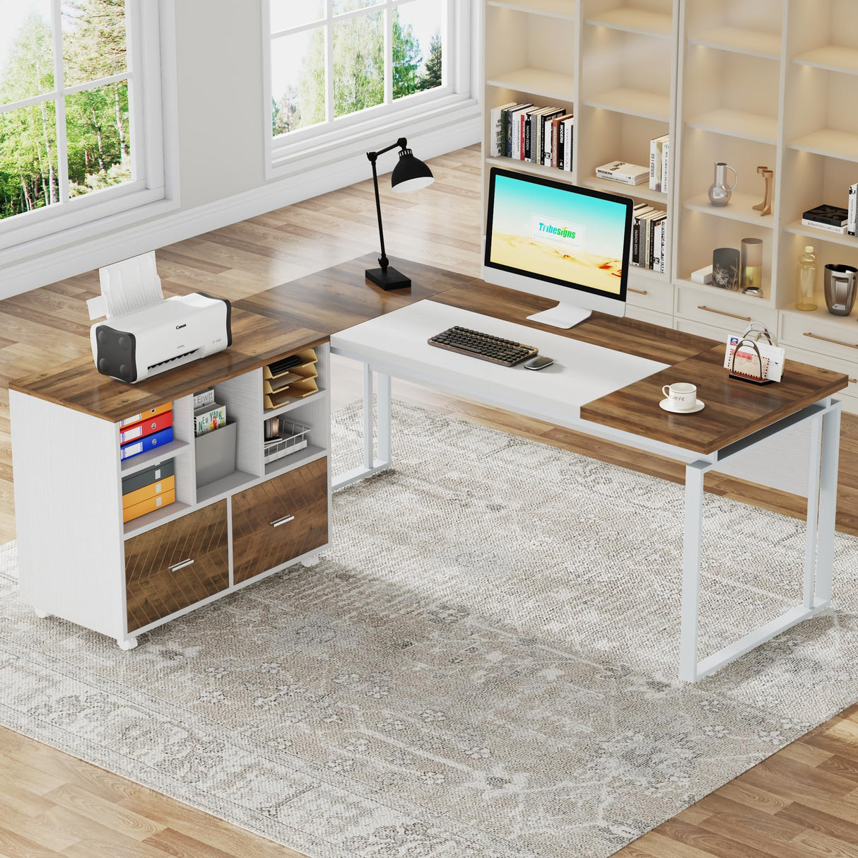 Tribesigns L-Shaped Executive Desk with Reversible File Cabinet, 63" Office Desk with Storage Drawers, Computer Desk Set (Oak Karo & White) Tribesigns