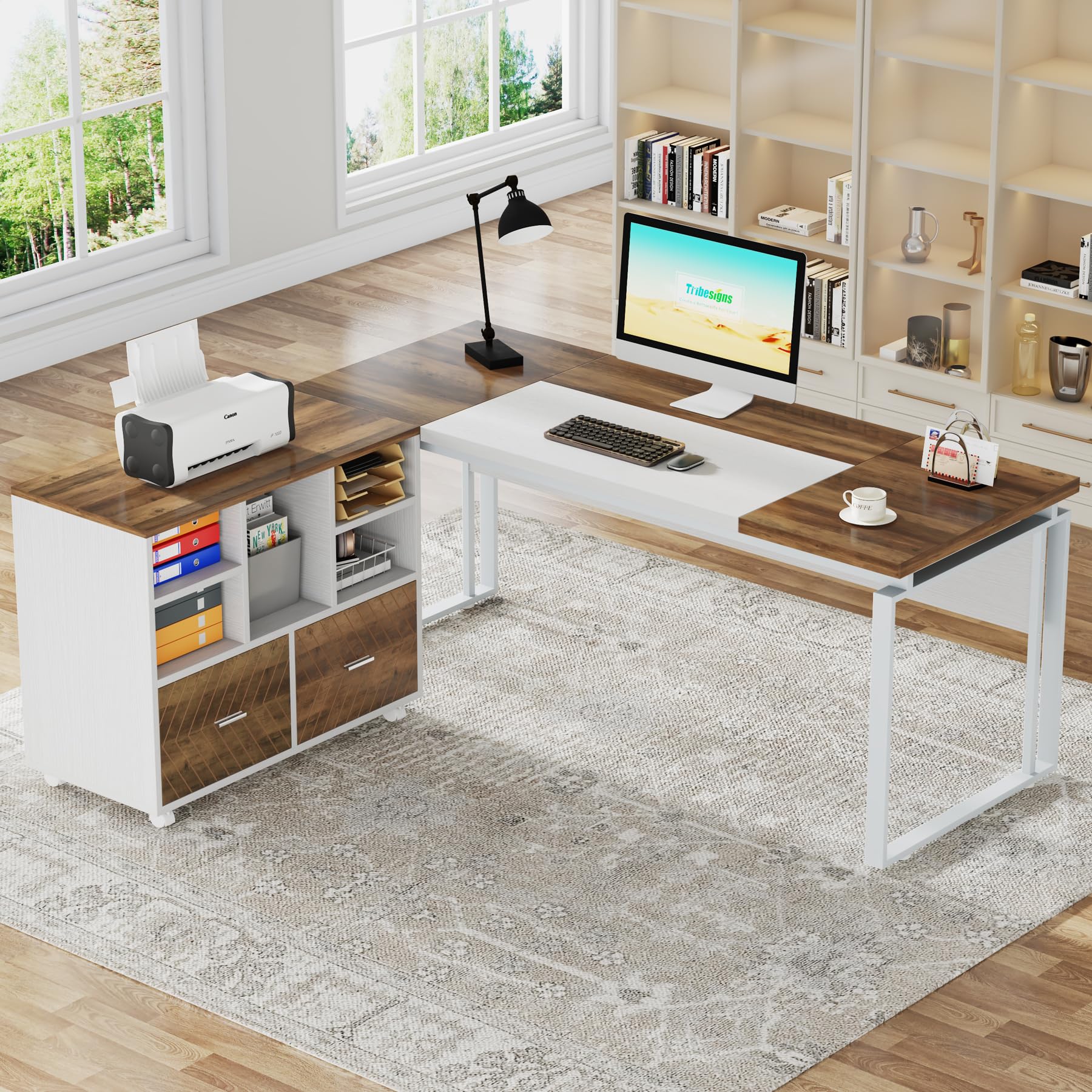 Tribesigns L-Shaped Executive Desk with Reversible File Cabinet, 63" Office Desk with Storage Drawers, Computer Desk Set (Oak Karo & White) - WoodArtSupply