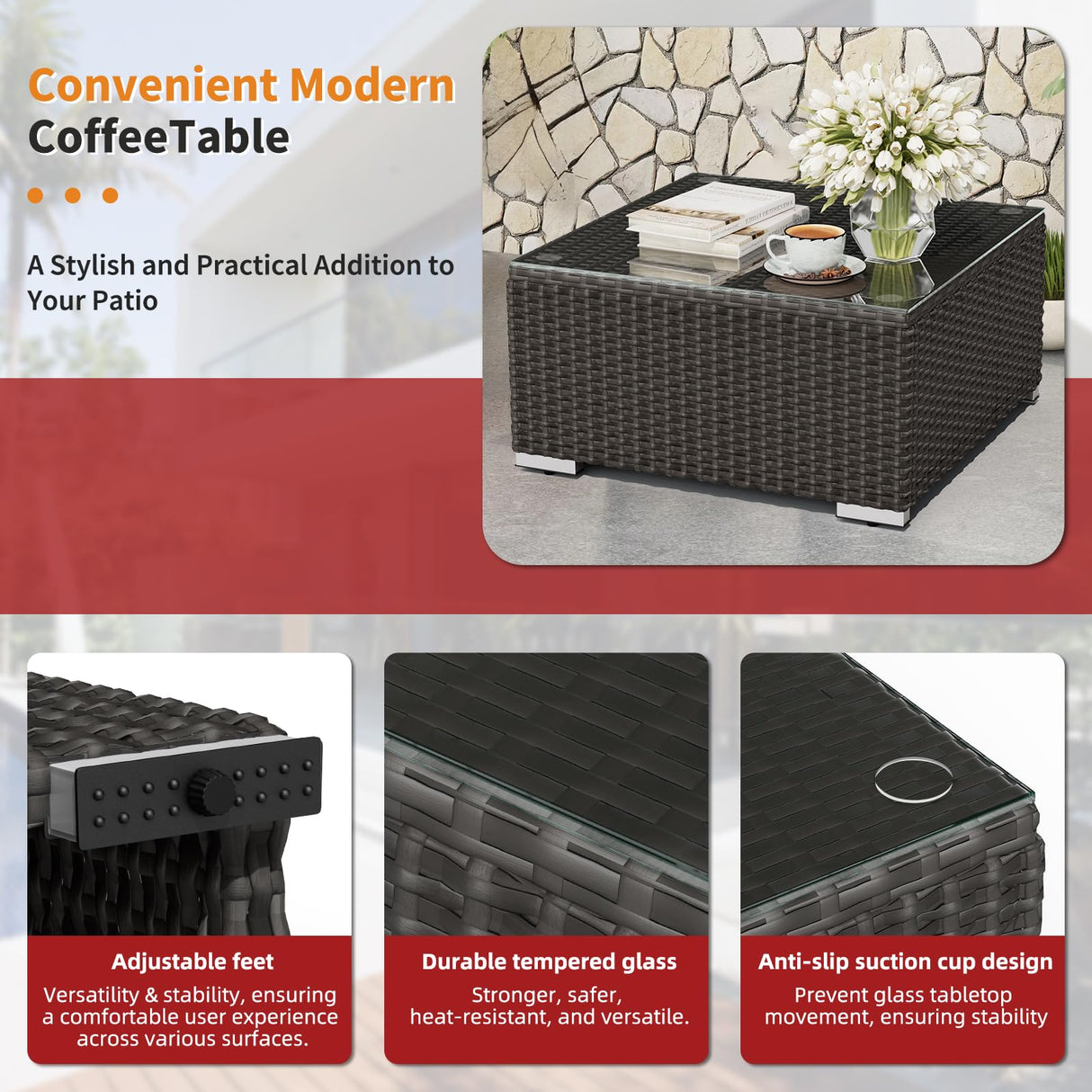 Oakcloud 7-Piece Outdoor Patio Furniture Sofa Set Black Rattan Wicker Sectional Conversation Sets with Glass Top Table and Cushions(Red) Oakcloud