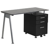 EMMA + OLIVER Black Glass Computer Desk with Three Drawer Pedestal EMMA + OLIVER