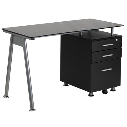 EMMA + OLIVER Black Glass Computer Desk with Three Drawer Pedestal - WoodArtSupply