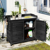 Shaical Outdoor Potting Bench Table 39" Rustic Garden Wood Workstation Storage Cabinet with 2-Tier Shelves and Side Hook, Galvanized Tabletop, Black Shaical