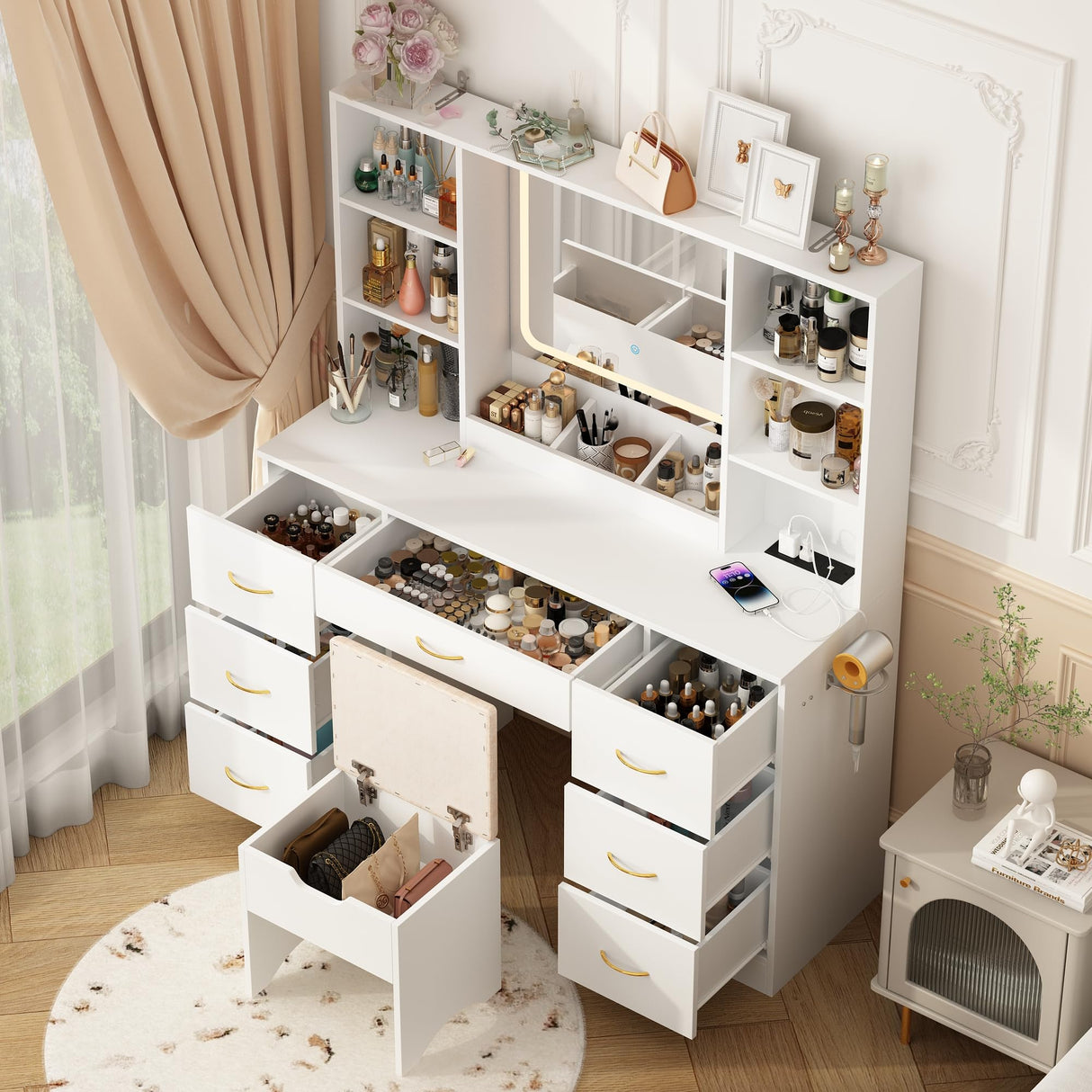 jiteentarou 47" Large Vanity Desk with Mirror and Lights, LED White Vanity Set with Stool and Power Outlet, Lighted Make up Vanity Desk with Drawers and 3 Lighting Modes for Women, Girls(White) jiteentarou