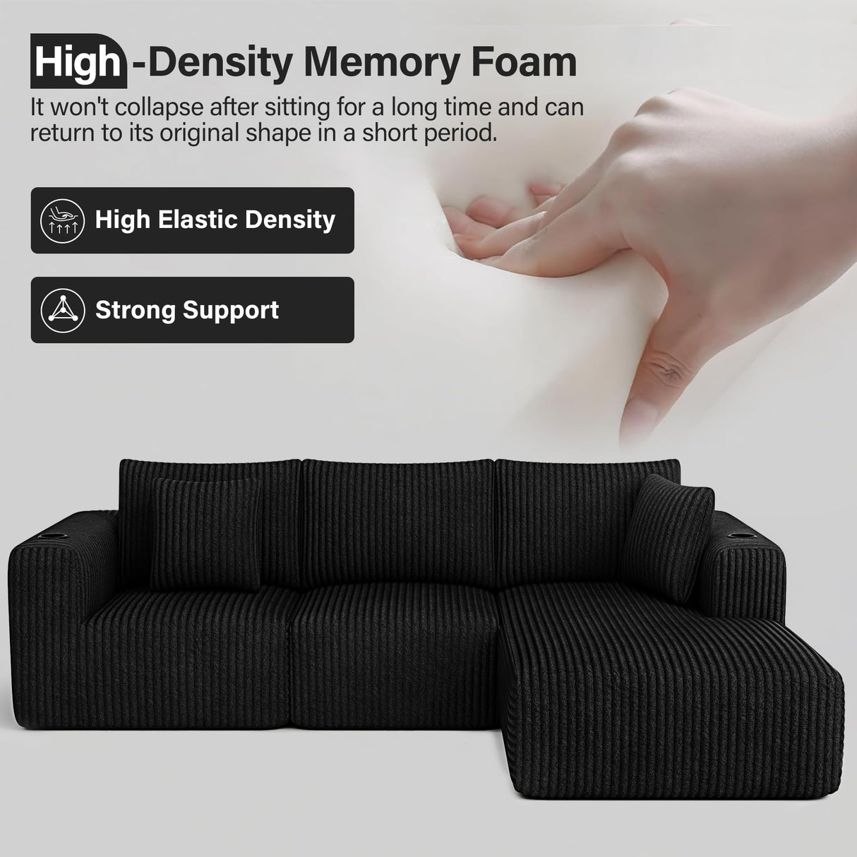 DURASPACE Modular Sectional Sofa, Cloud Boneless Couch with Deep Seat, Cup Holder, Memory Foam, Corduroy L Shaped Couch Convertible Sofa Bed for Living Room Bedroom, No Assembly Required DURASPACE