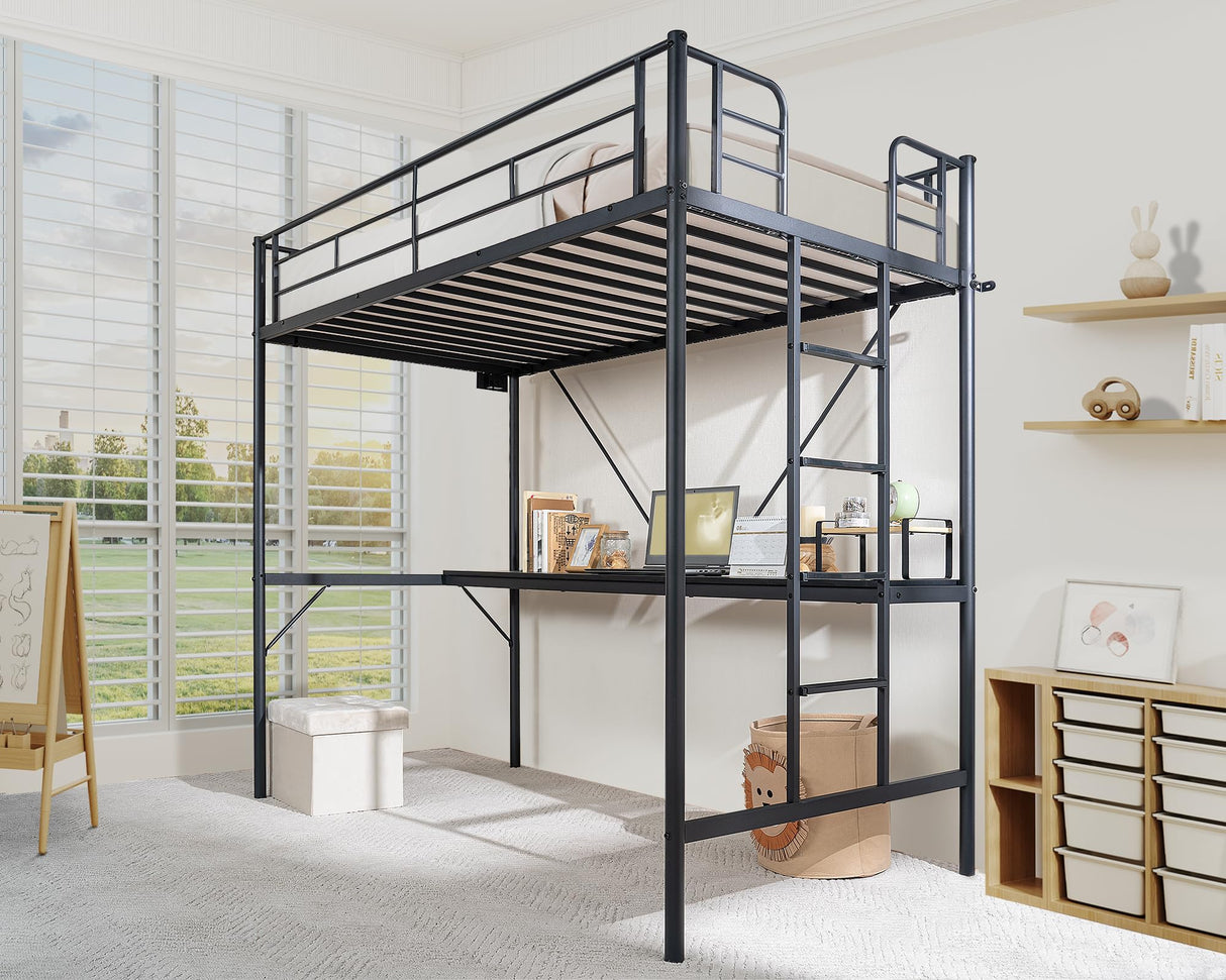 VINGLI Twin Size Metal Loft Bunk Bed Frame for Kids Teens Adults with Desk Underneath,2 Charging Station,LED Lights,Safety Guardrail and Stair,No Box Spring Needed,Black VINGLI