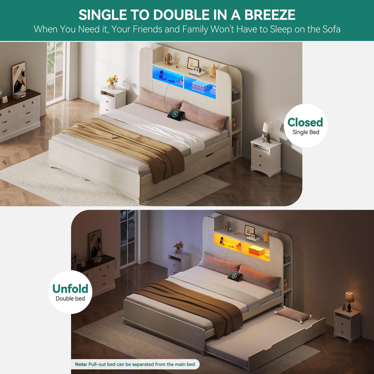 YITAHOME Beds with Trundle, Full Size Bed Frame with Bookcase Daybed Storage Headboard and Charging Station, RGB LED Lights Bed with Wooden Support for Bedroom, No Box Spring Needed, Noise Free, White YITAHOME