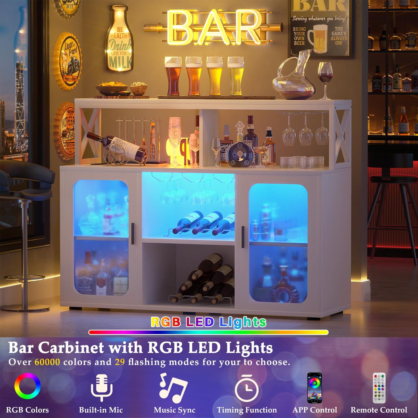 Aheaplus Bar Cabinet with Power Outlet, Liquor Cabinet with Led Lights and Glass Holders, Storage Buffet Cabinet Coffee Bar Cabinet for Liquor, Wine Cabinet with Racks for Home, Kitchen, S3, White