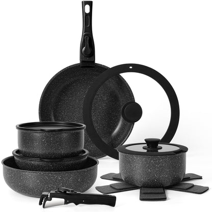 SODAY 15Pcs Pots and Pans Set Non Stick, Cookware Sets with Detachable Handle, Nonstick RV Kitchen Cooking Tools Removable Handles, Oven Safe, Induction Fast, Stackable Induction Cookware,Black