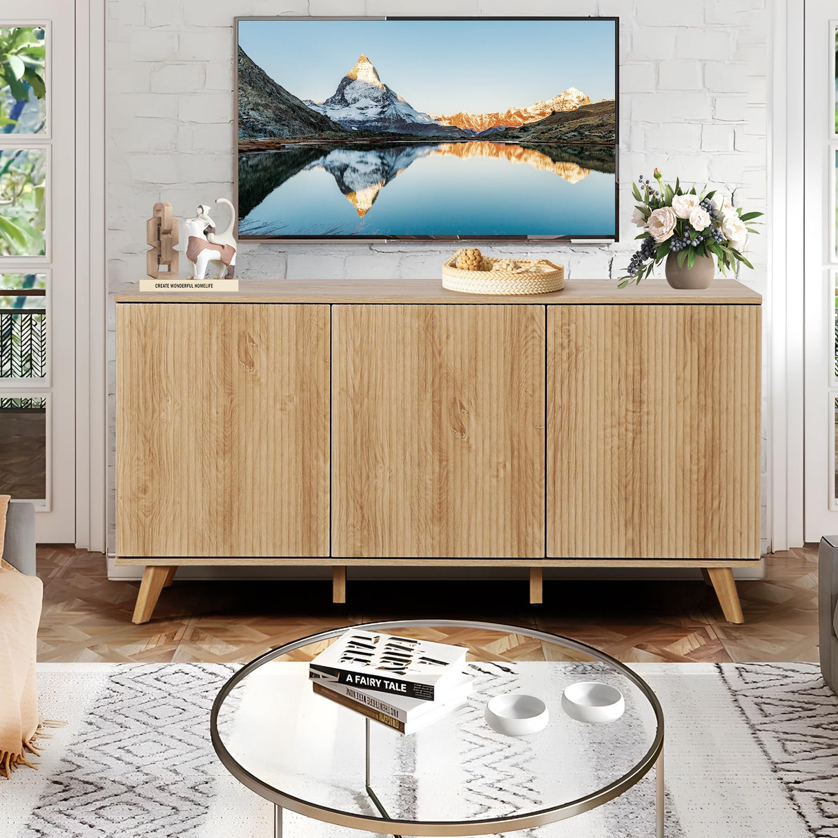 Fluted Sideboard Buffet Cabinet with Storage, Modern Storage Cabinet with 3 Doors, Wood Credenza Buffet Sideboards, Bar Cabinets Console Table for Kitchen Dining Living Room Entryway (Natural) XUZENEST