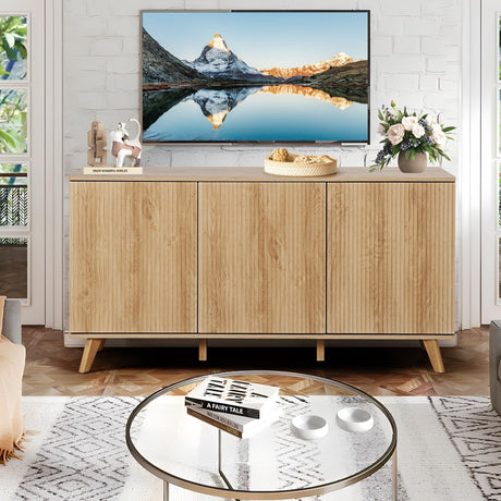 Fluted Sideboard Buffet Cabinet with Storage, Modern Storage Cabinet with 3 Doors, Wood Credenza Buffet Sideboards, Bar Cabinets Console Table for Kitchen Dining Living Room Entryway (Natural) XUZENEST