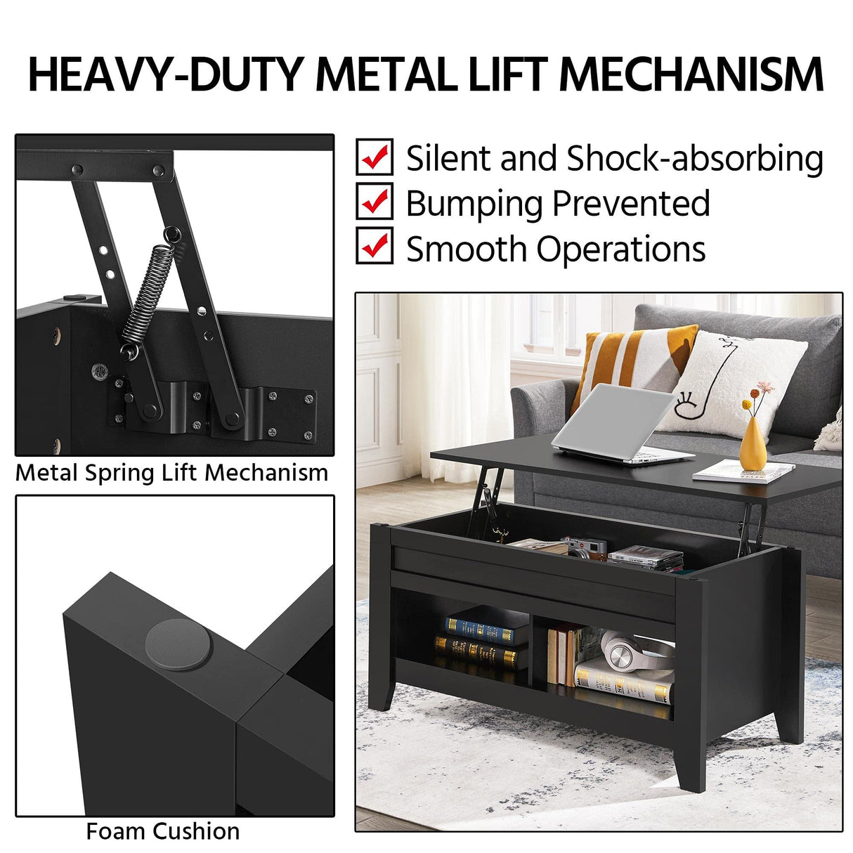 Yaheetech Black Wood Coffee Table Lift Up Coffee Table w/Hidden Storage & 2 Open Shelves for Living Room Reception Room Office, 41in L Yaheetech