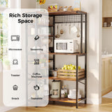 IRONCK Bakers Rack with Power Outlet, 5-Tier Corner Microwave Stand with Storage, Coffee Bar with 6 S-Shaped Hooks, Kitchen Shelves with Wire Basket IRONCK