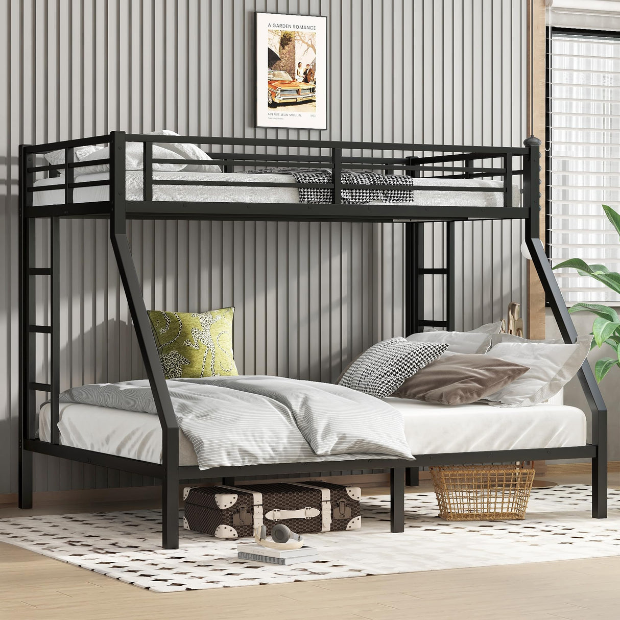 Bellemave Metal Twin XL Over Queen Bunk Bed for Adults/Kids,Heavy Duty Adults Bunk Beds with Guardrail & Ladders,Twin XL Over Queen Size Bunk Beds for Teens,Black Bellemave