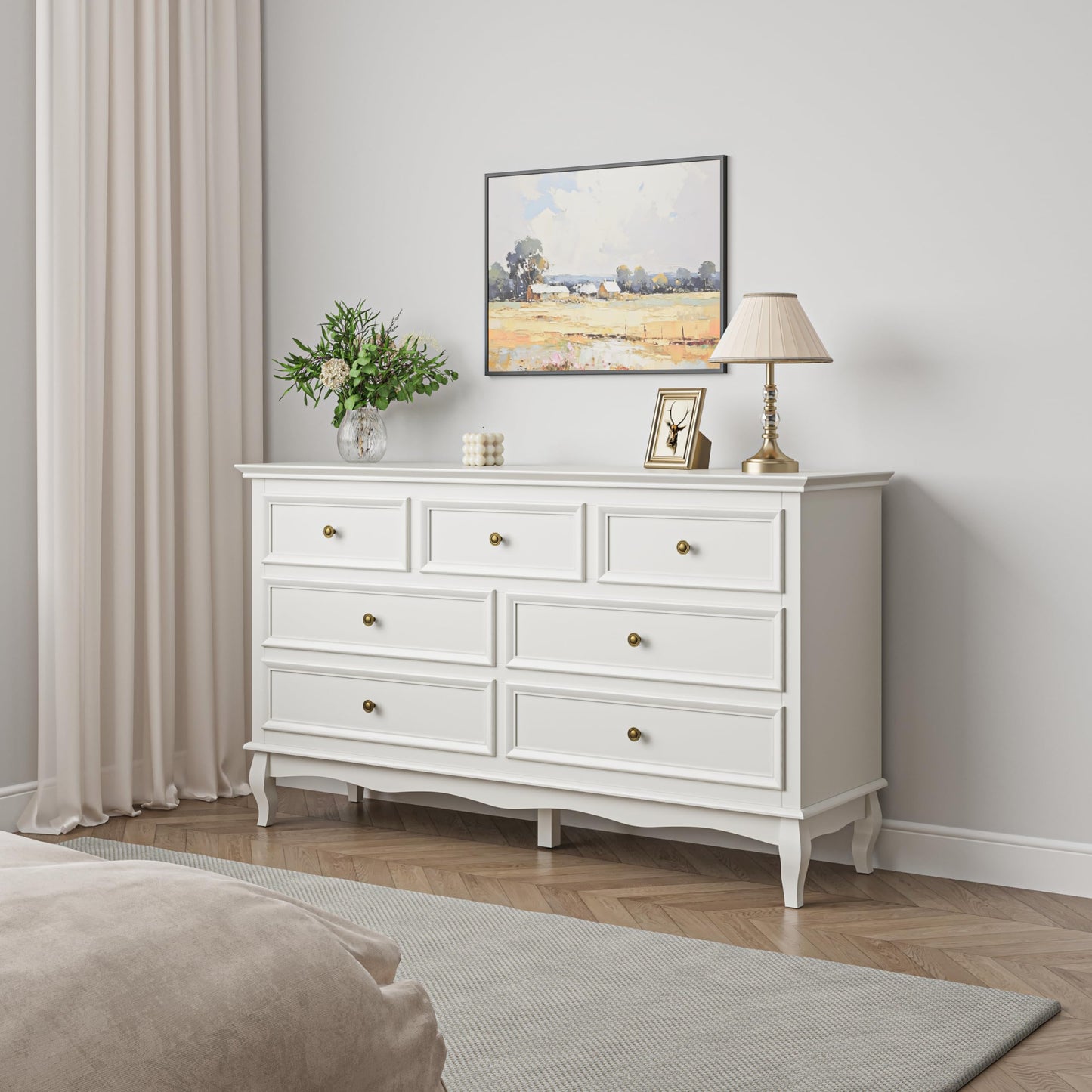 RoyalCraft White 7 Drawer Dresser for Bedroom, Modern Chest of Drawers with Solid Wood Legs and Painted Finish, Wooden Storage Closet Cabinet Organizer for Living Room, Hallway