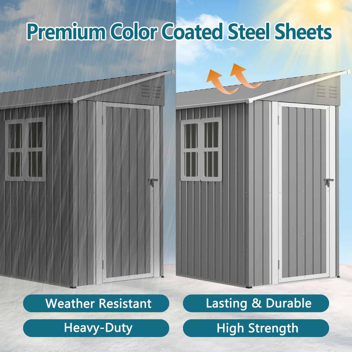 LINKHOO 4 x 10 FT Metal Outdoor Storage Shed with Windows and Foundation, Lean to Storage Sheds w/Lockable Door & Air Vents, All Weather Waterproof Garden Tool House for Backyard, Patio, Lawn, Gray LINKHOO