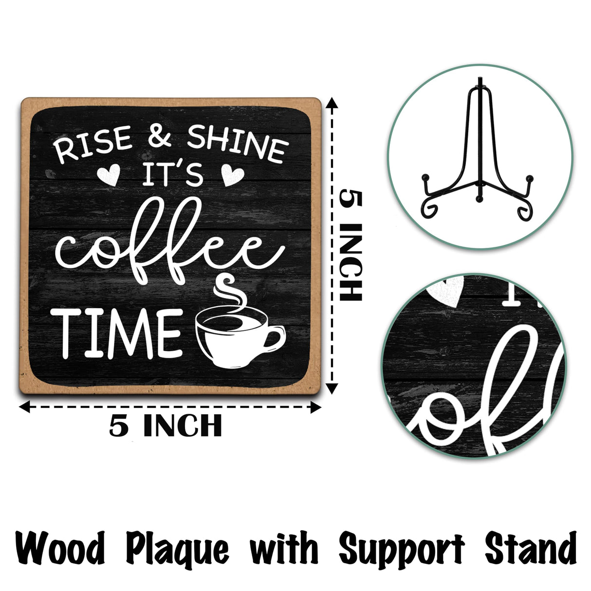 Farmhouse Coffee Bar Sign, Rise & Shine It's Coffee Time, 5"x5" Wood Plaque with Stand Gift for Home Kitchen Tabletop Decor -B09 YQV