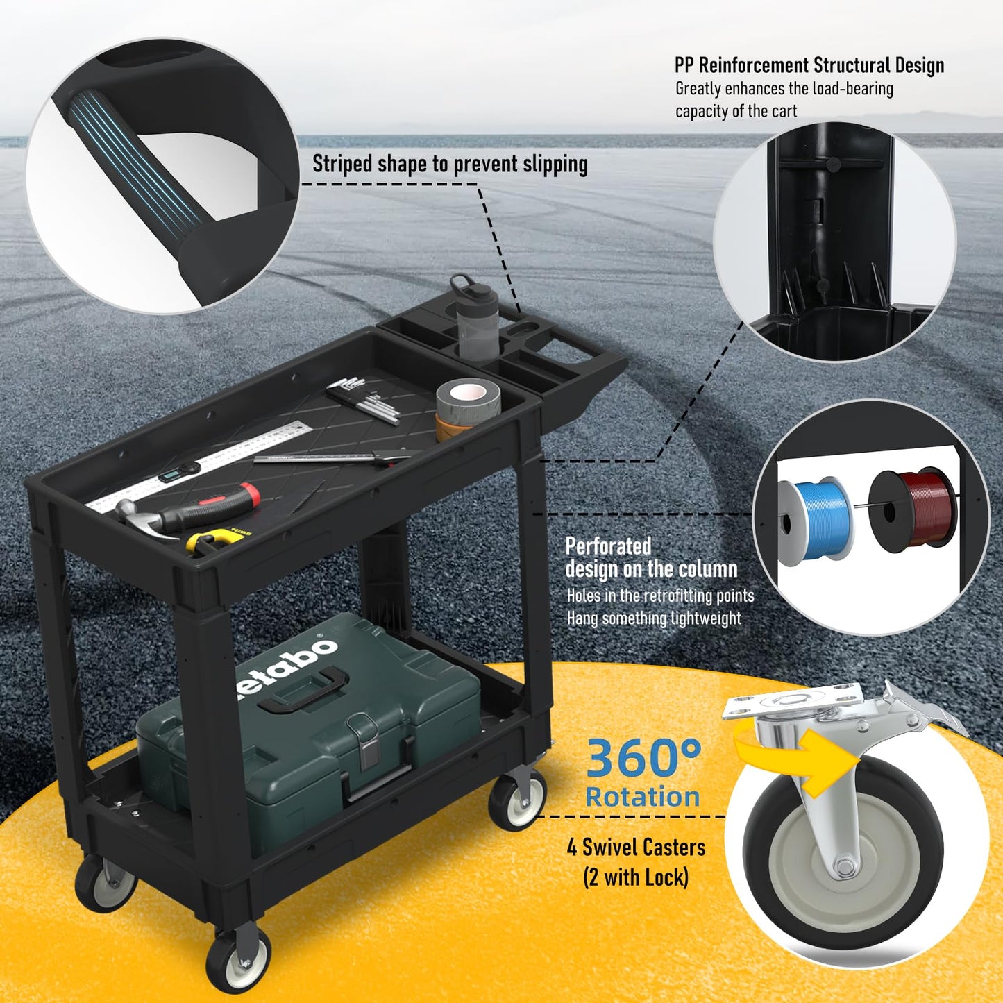 Tooremine Service Utility Plastic Tool Cart, 40 x 17-Inch Rolling Cart Huge Storage W/Deep 2-Shelf Heavy Duty Cart with Wheels,550 lbs Capacity - WoodArtSupply