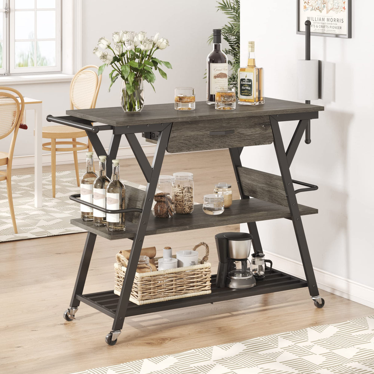 Bestier Grey Coffee Bar Station with Storage, Rolling Kitchen Cart and Towel Holder Bestier