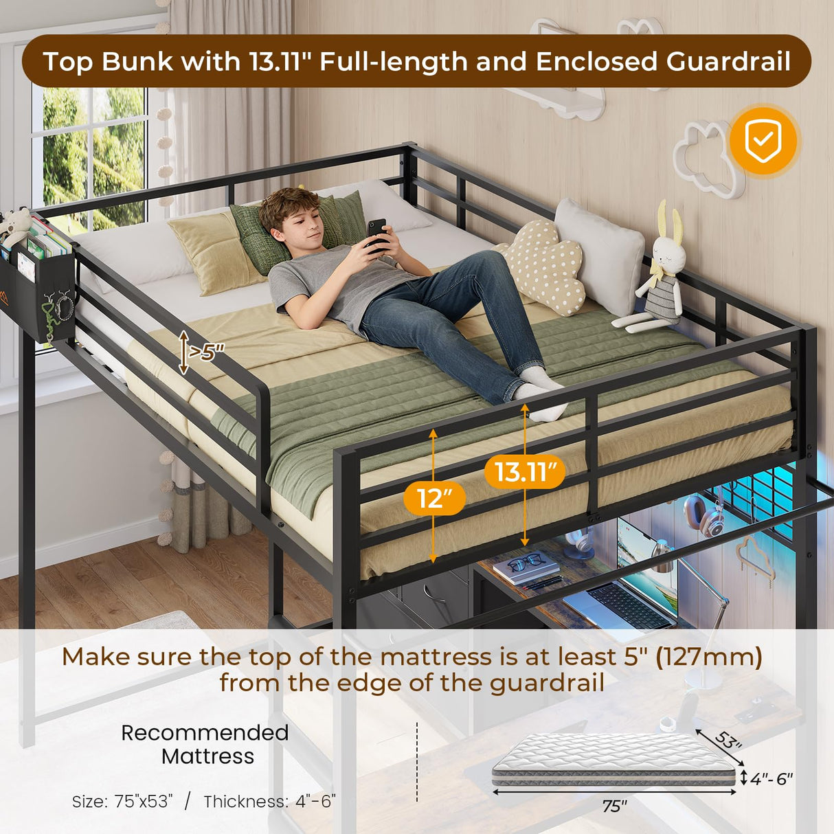 DICTAC Full Loft Bed with L-Shaped Desk and 7 Storage Drawers,Metal Full Size Loft Bed for Teen with LED Lights and Charging Station,13.11" H Safety Guardrail and Ladder,No Box Spring Needed, Black DICTAC