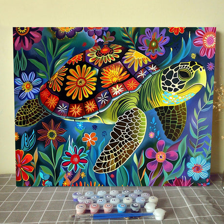 Marine Turtle Paint by Numbers for Adults,flowers DIY Acrylic Watercolor Painting by Numbers for Beginners 16x20 inch Painting Craft On Canvas Home Decor(without frame) Aihonmin