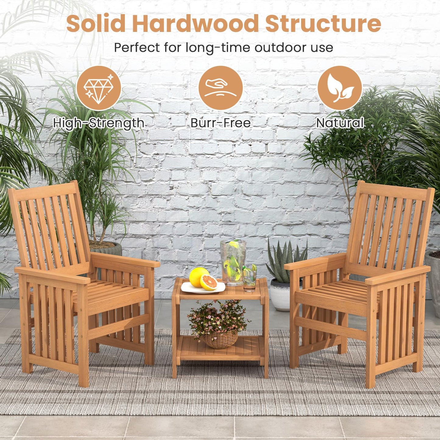 Tangkula 3 Pieces Patio Furniture Set with 1.5” Umbrella Hole, Wood Table and Chairs Set for 2, for Porch, Backyard, Poolside, Lawn, Deck - WoodArtSupply