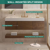 YITAHOME 48 Inch Floating Vanity with 3 Drawers, Wall Mounted Bathroom Vanity with White Quartz Countertop & Oak Veneer, Big Space Storage for Modern Bathroom, Walnut YITAHOME
