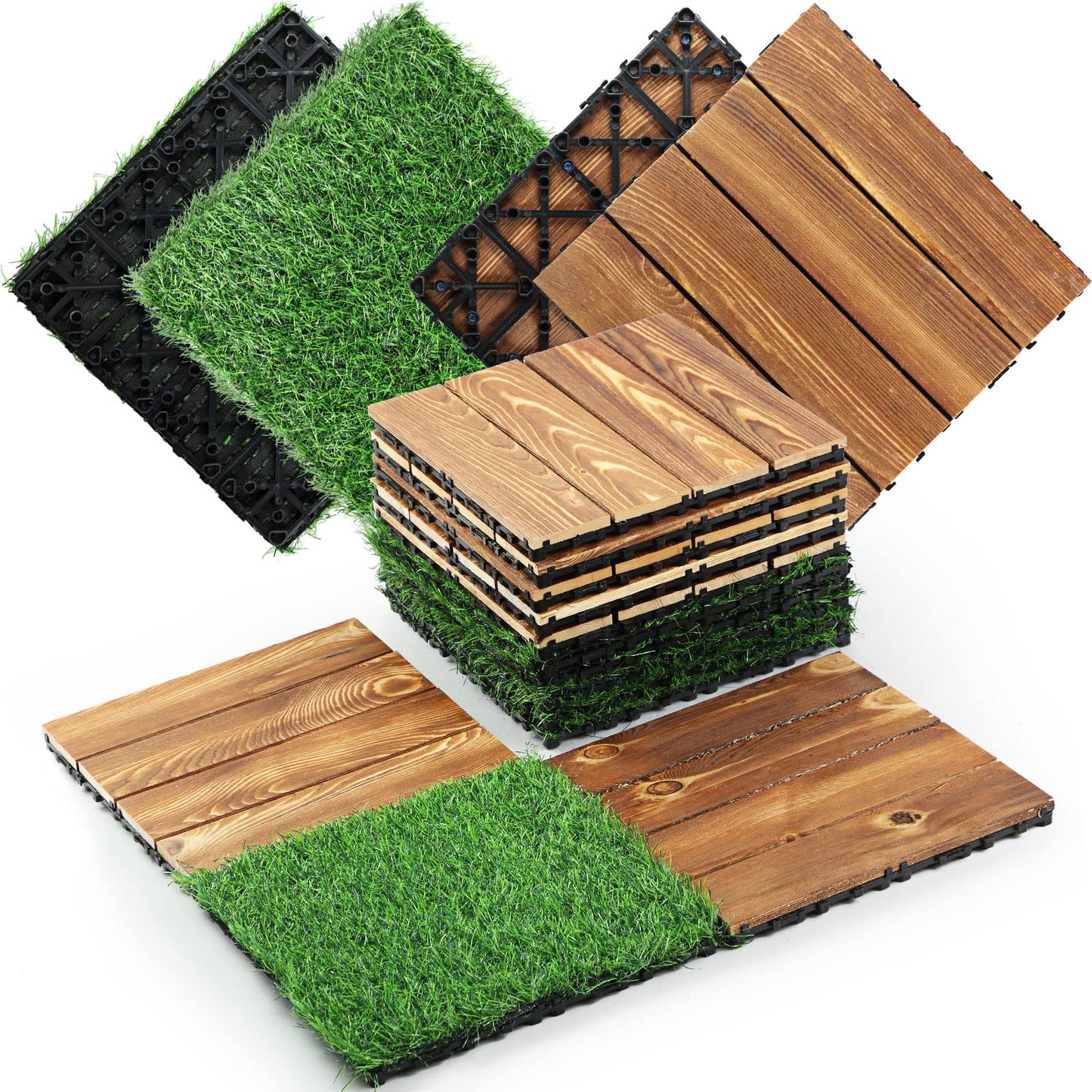 48 Pcs Hardwood Interlocking Patio Deck Tile and Artificial Grass Tile Waterproof Wood Flooring Tile Interlocking Turf Tile Outdoor Self Draining Tile for Balcony Garden Patio Lawn, 12x12 in