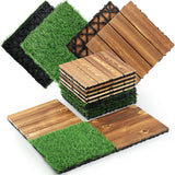 Menkxi 72 Pcs Hardwood Interlocking Patio Deck Tile and Artificial Grass Tile 12 x 12 In Waterproof Wood Flooring Tile Interlocking Turf Tile Outdoor Self Draining Tile for Balcony Garden Patio Lawn Menkxi