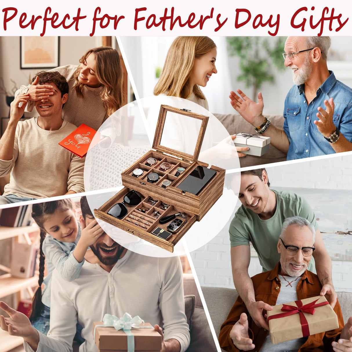 Pinzoveco Watch Box Organizer for Men, 6 Slot Mens Jewelry Box Display & Storage Watch, Solid Wood Watch Case for Men, Gift for Boyfriend Fathers Day Birthday Gifts (Carbonized Brown) Pinzoveco