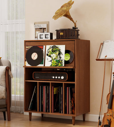 ELECWISH Record Player Stand with Vinyl Storage, Flip Top Media Cabinet, Audio-Video Stereo Cabinet，Mid-Century Turntable Table with Open Storage for Living Room, Bedroom, Walnut
