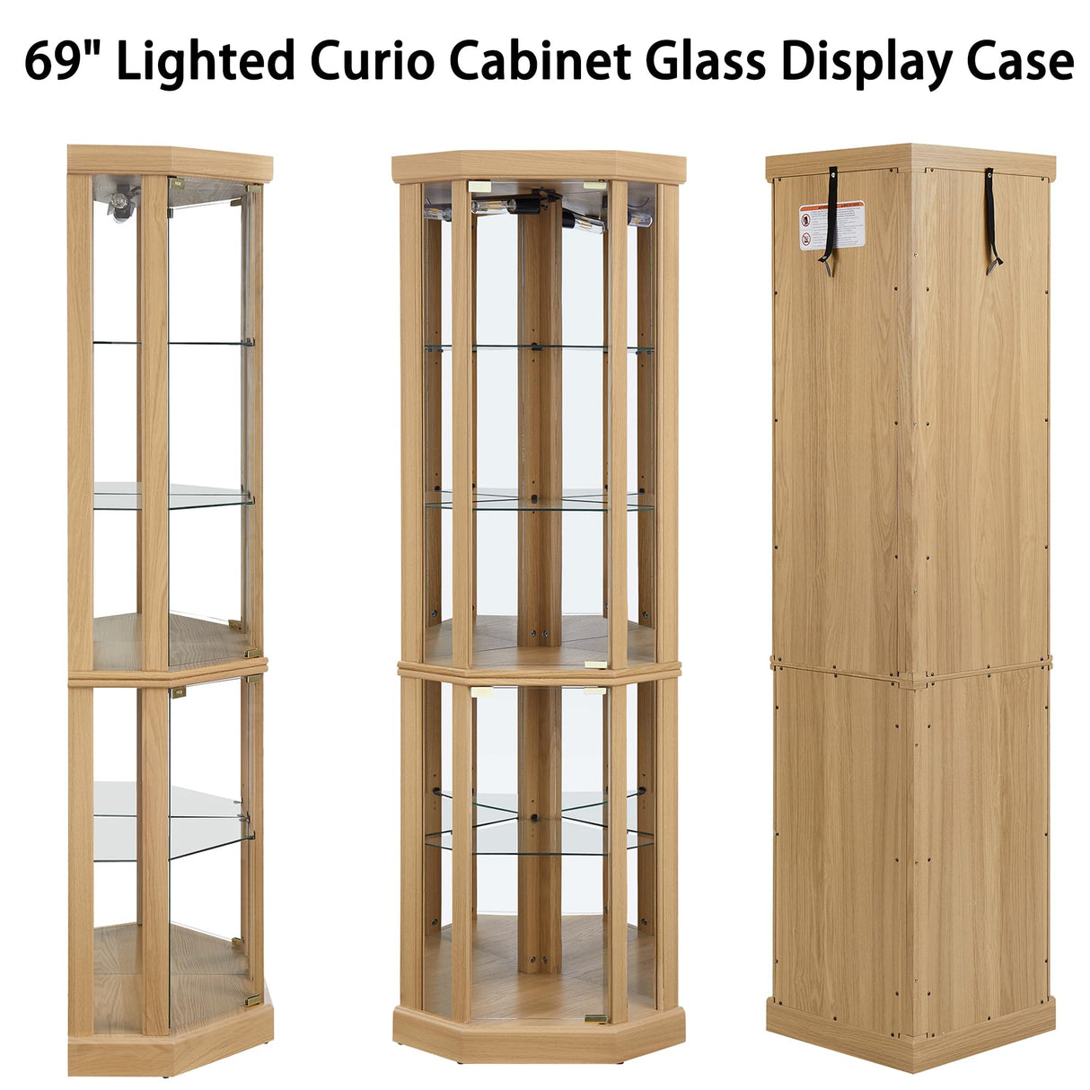 TRJQBCC 69" H Lighted Corner Display Cabinet, Curio Corner Glass Cabinet w/Adjustable Shelves & Glass Door, 5-Tier Wooden Storage Display Case w/Mirrored Back Pane for Living Room(Light Oak) TRJQBCC