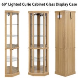 TRJQBCC 69" H Lighted Corner Display Cabinet, Curio Corner Glass Cabinet w/Adjustable Shelves & Glass Door, 5-Tier Wooden Storage Display Case w/Mirrored Back Pane for Living Room(Light Oak) TRJQBCC