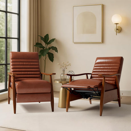 Leather Recliner Chair Set of 2, Mid Century Push Back Accent Ｃhair, Comfortable Living Room Chair with Solid Wood Frame, High Back Lounge Chair for Reading and Relaxing(Brown) Generic