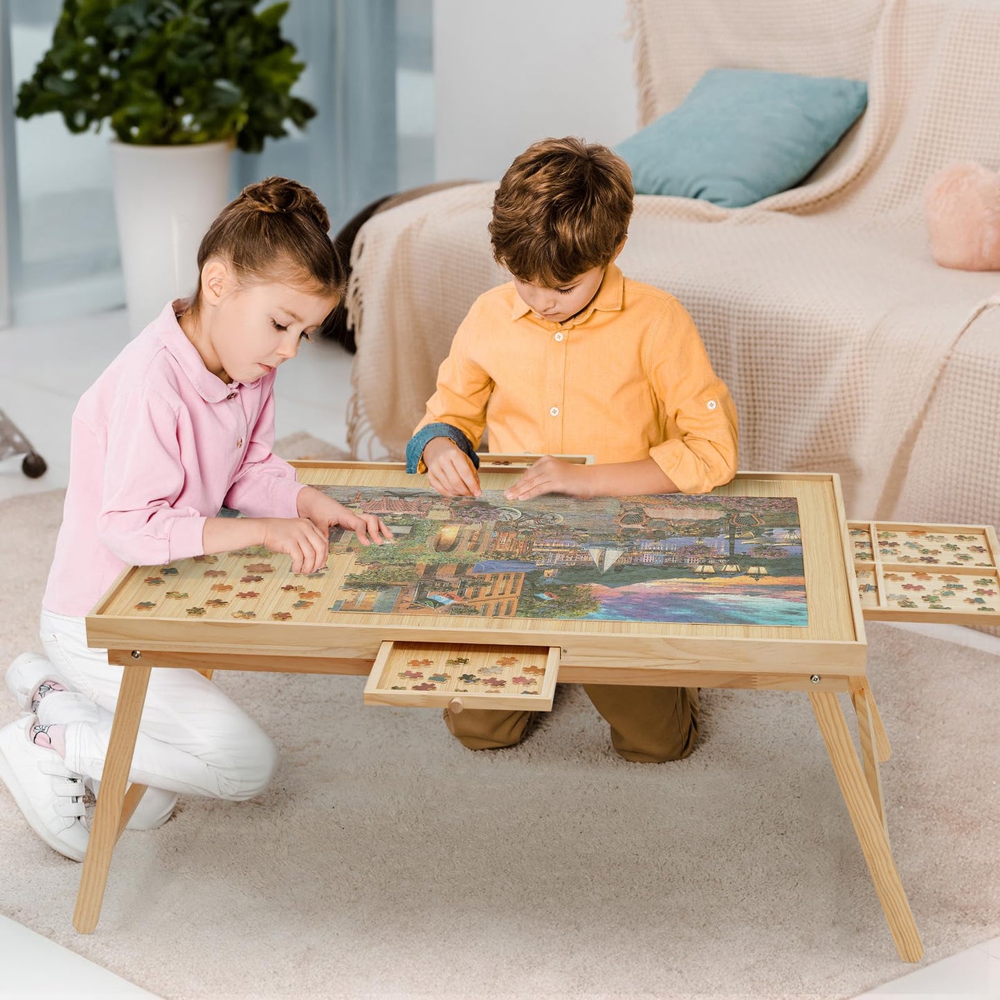 YKHALLYBEE Puzzle Table 2000 Pieces Wooden Jigsaw Puzzle Board with Legs, 41”x 27.6” Puzzle Board with 4 Drawers and Cover, Foldable Leg Puzzle Table for Adults Natural