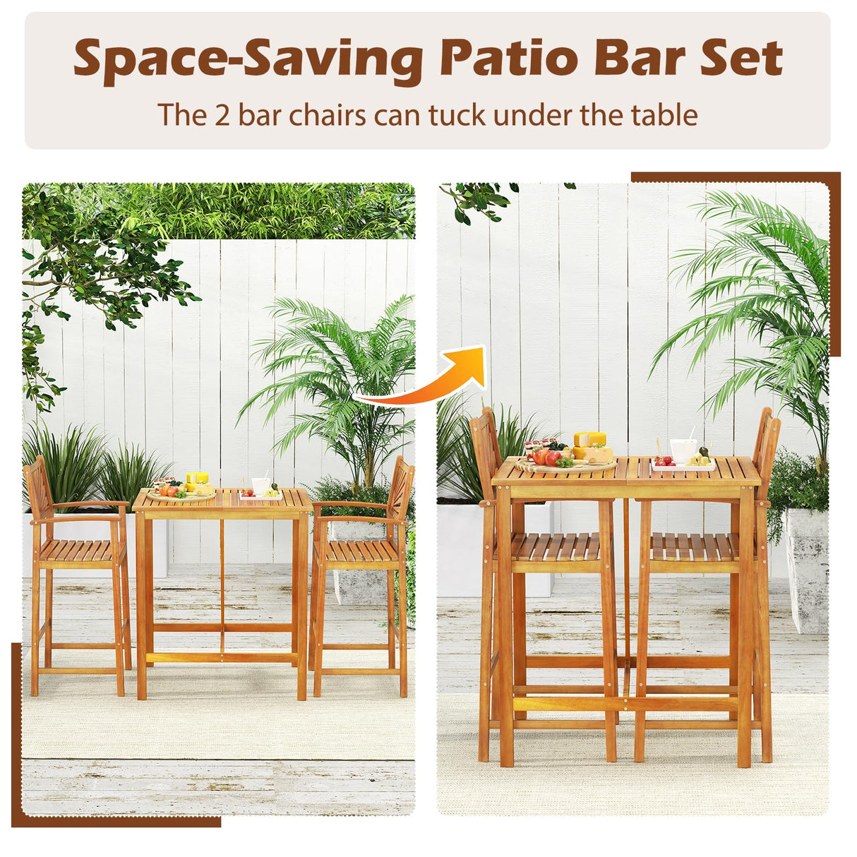 Tangkula 3 Piece Patio Bar Table & Chairs, Outdoor Acacia Wood Bar Set w/Slatted Seat & Tabletop, Wood Dining Bar Set w/Backrest, Armrests & Footrest for Backyard, Poolside, Balcony Tangkula