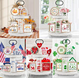 Farmhouse Christmas Tiered Tray Decor Set Year Round Seasonal Interchangeable Holiday Rustic Wooden Frames with Cards Ladder for Home Kitchen Table Decorations Centerpiece CRCZK