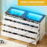 DWVO 8 Drawer Dresser with LED Light,White Marble Dresser, Modern 8 Chest of Drawers with Deep Drawers Glass Top High Gloss Surface, Storage Organizer Cabinet for Living Room, Bedroom DWVO